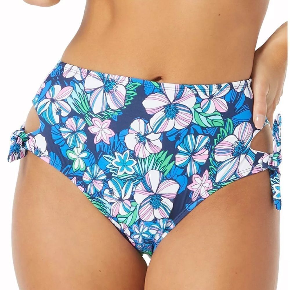 SUNDAZED Tatum Floral-Print Tie Side High-Waist Bottoms, swimsuit L New Blue